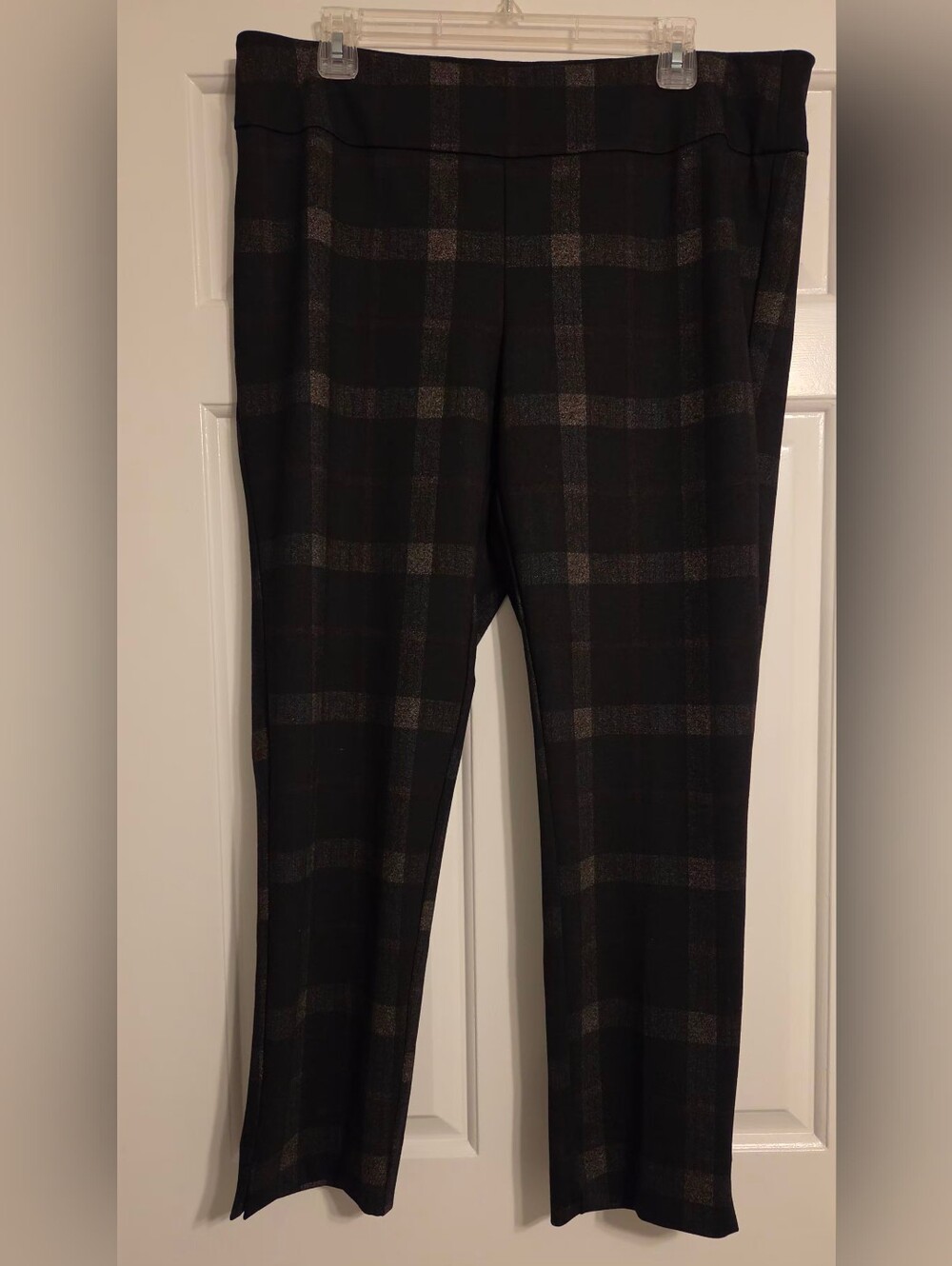 Zac & Rachel Plaid Pull On Ponte Pants Size XL Dark Gray Gold Stretch